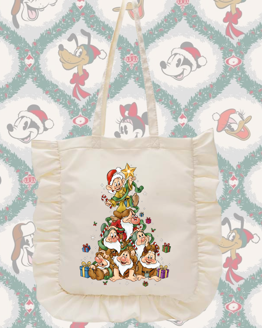 Holly Jolly Gnomes Ruffle Tote Bag